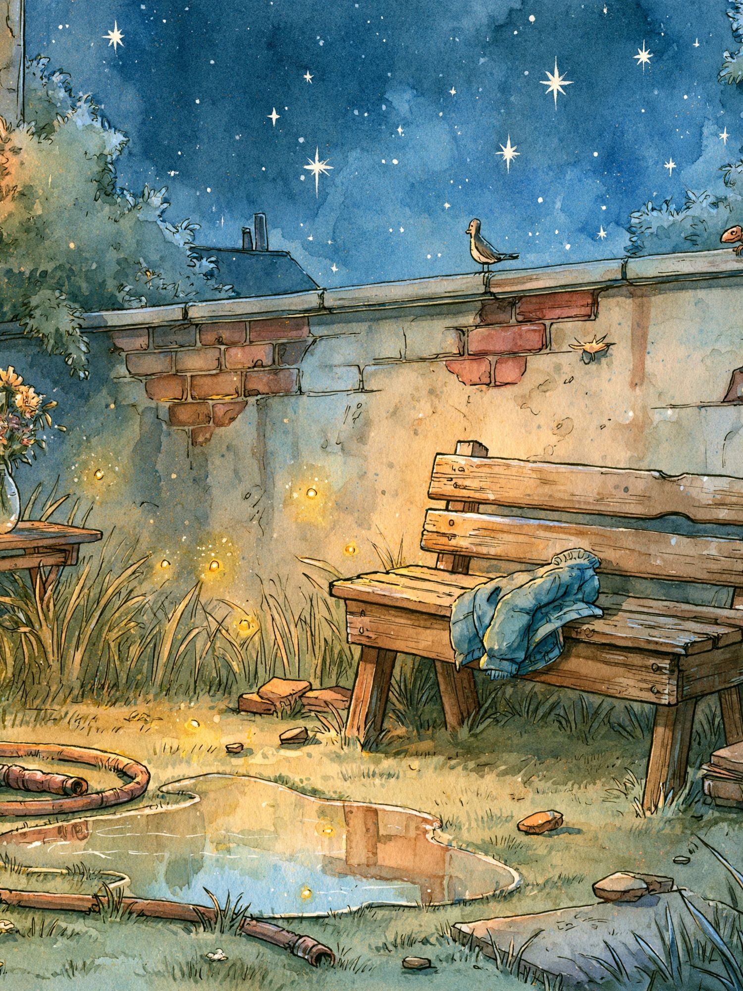 Moonlit Garden Bench Illustration Poster. poster detail
