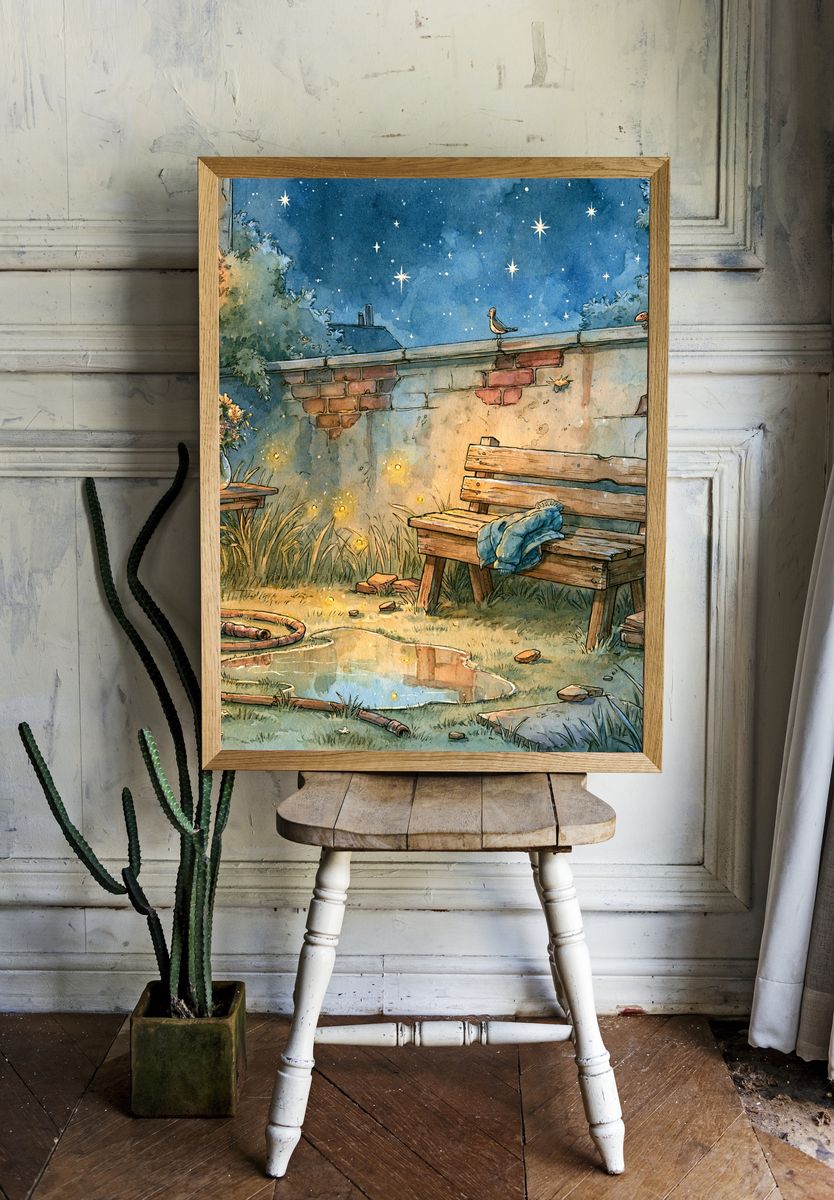 Moonlit Garden Bench Illustration Poster. — room view 1