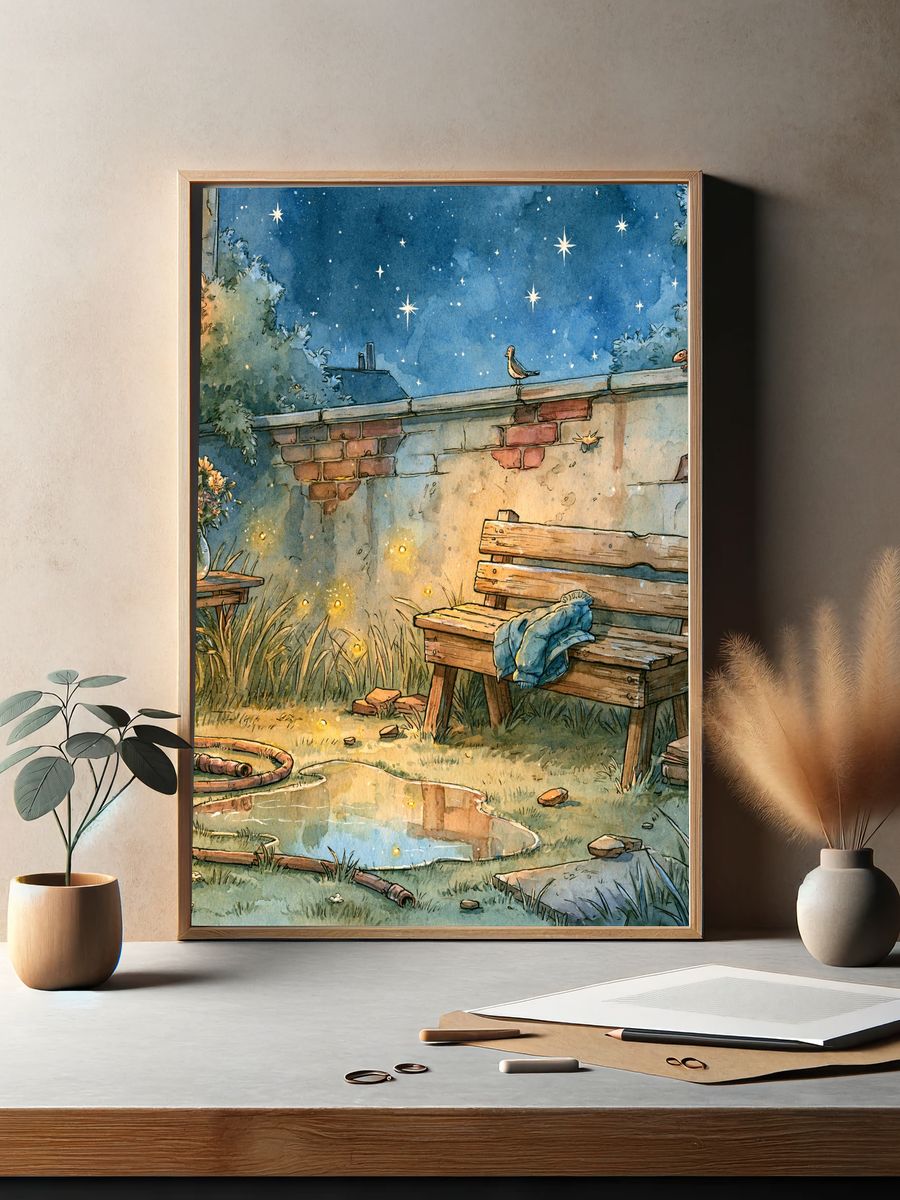 Moonlit Garden Bench Illustration Poster. — room view 2