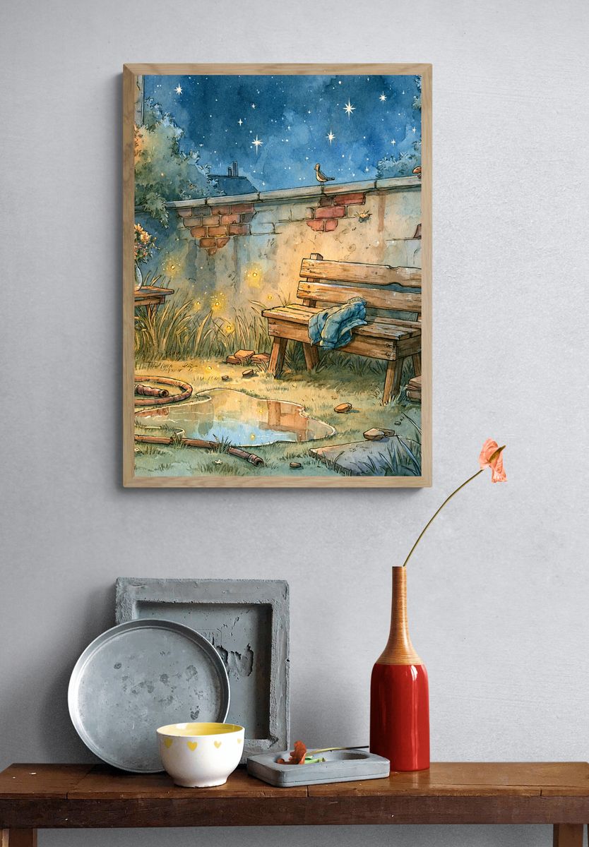 Moonlit Garden Bench Illustration Poster. — room view 3