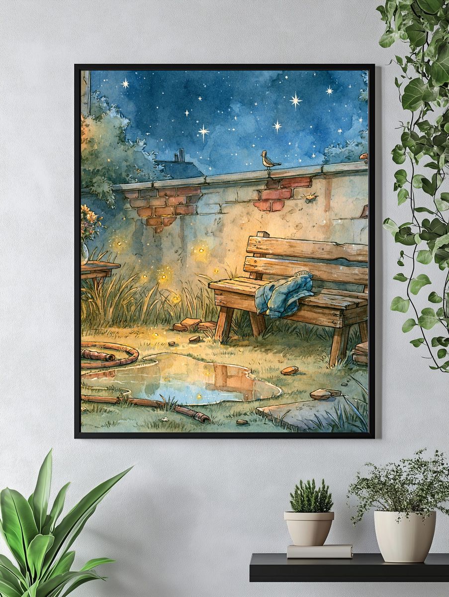 Moonlit Garden Bench Illustration Poster. — room view 4
