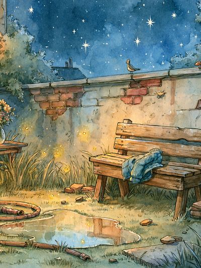 Moonlit Garden Bench Illustration Poster. poster
