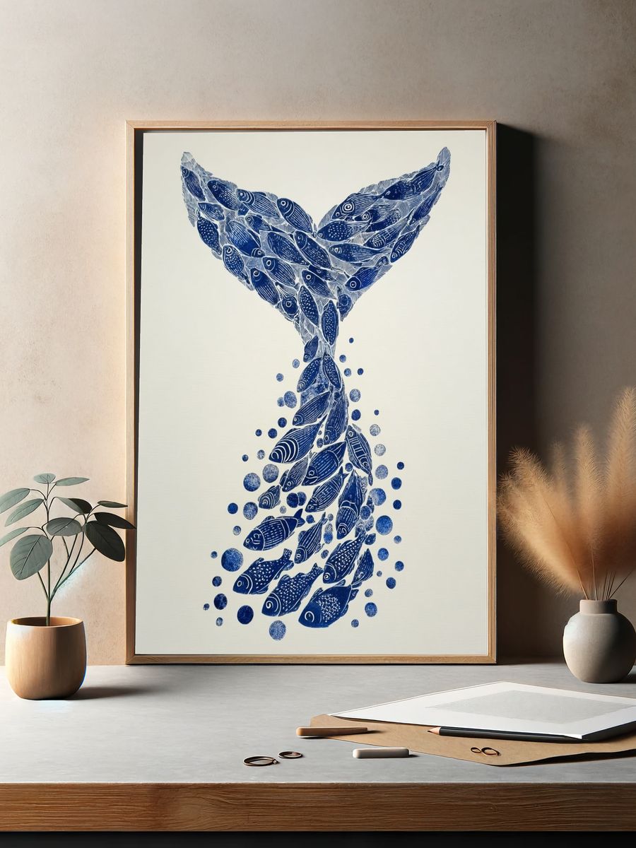 Whale Tail Fish Illustration Poster. — room view 2
