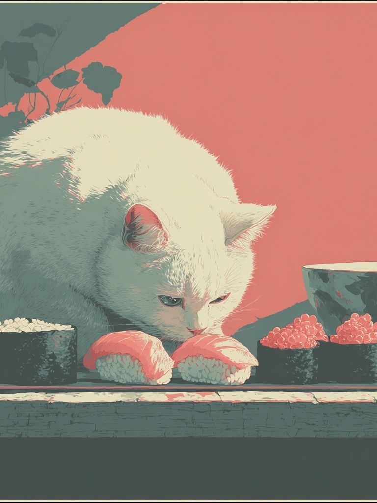 White Cat Sushi Illustration Poster. poster detail