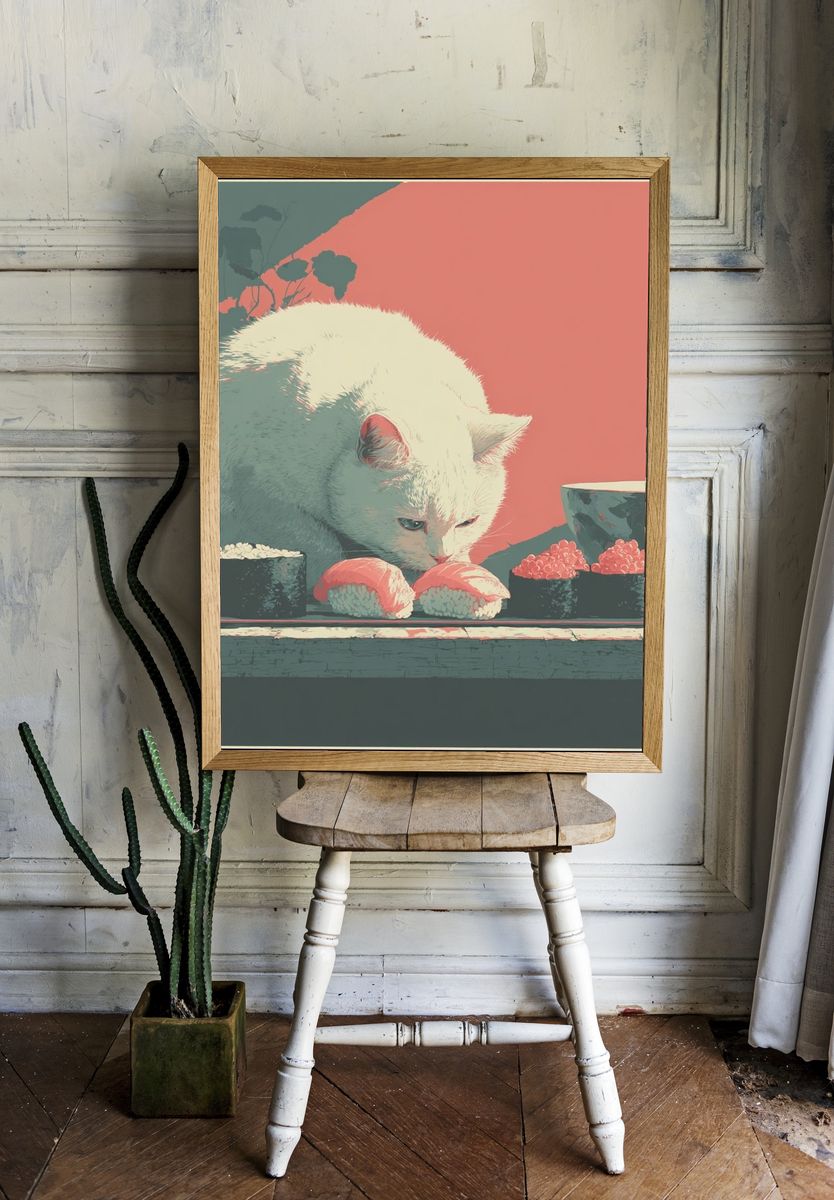 White Cat Sushi Illustration Poster. — room view 1