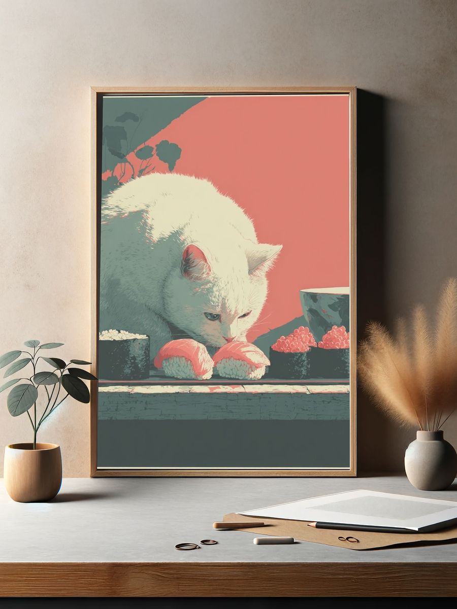 White Cat Sushi Illustration Poster. — room view 2