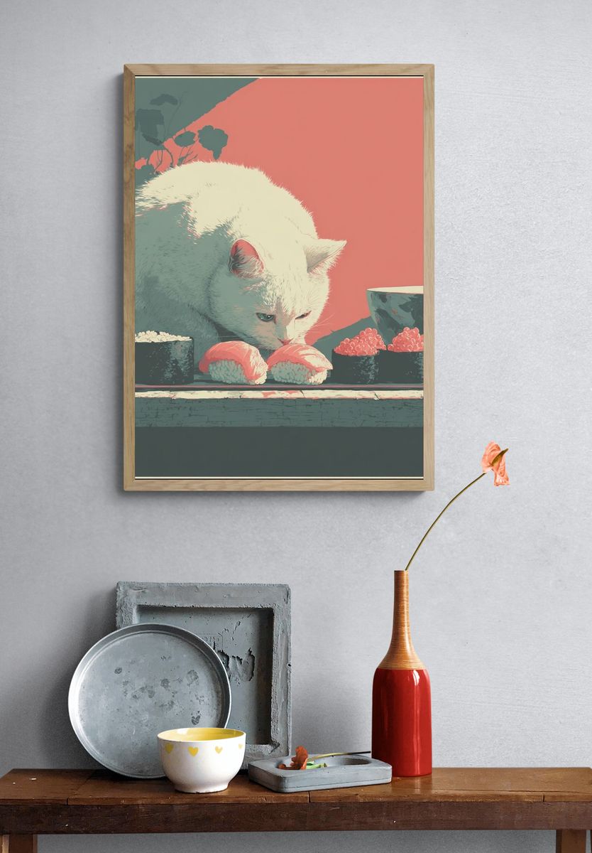 White Cat Sushi Illustration Poster. — room view 3