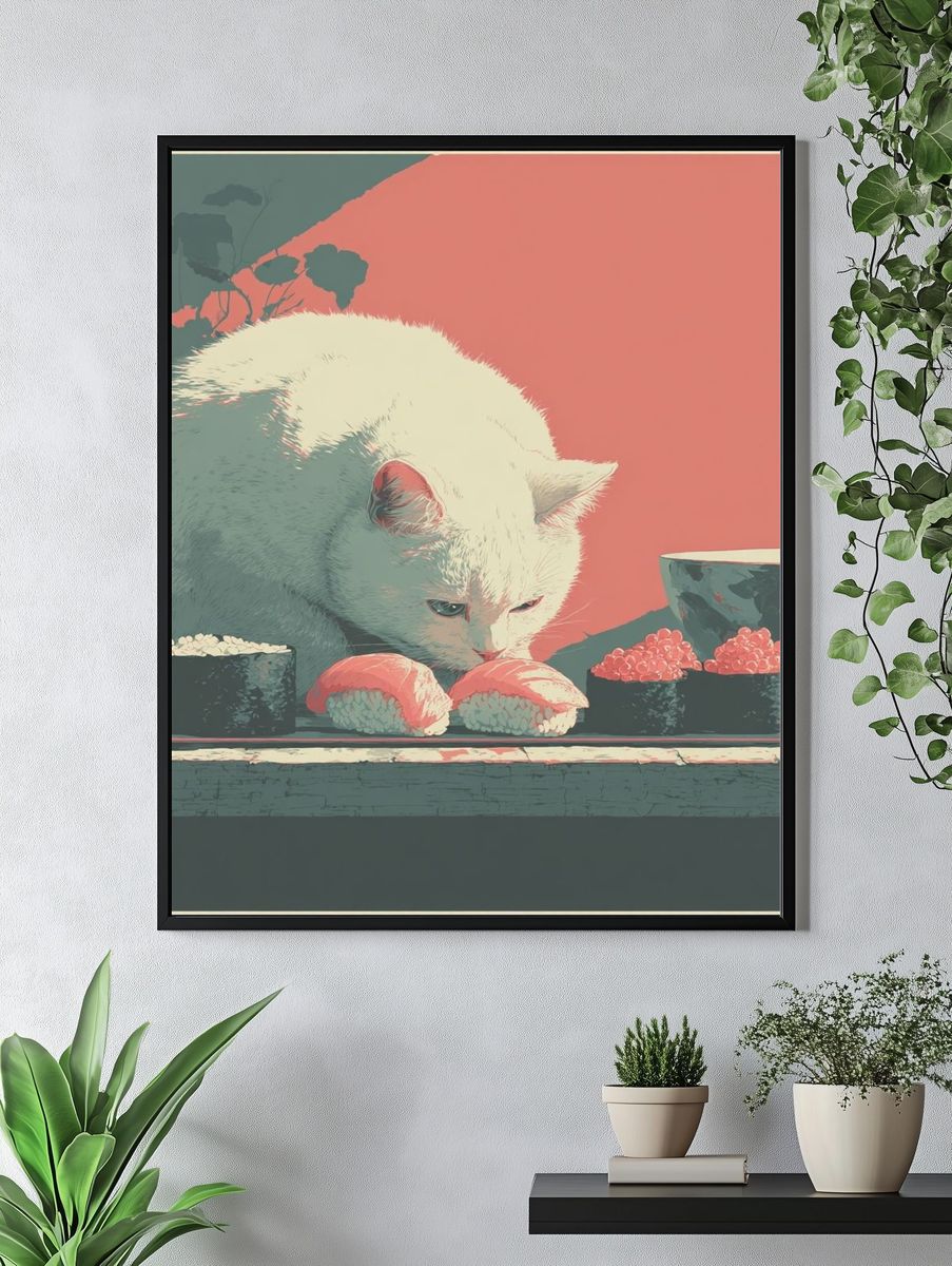 White Cat Sushi Illustration Poster. — room view 4