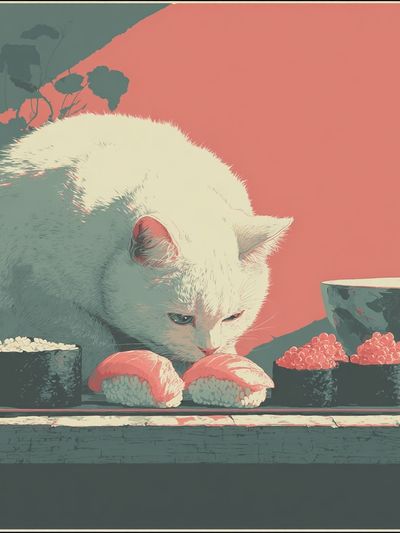White Cat Sushi Illustration Poster. poster print