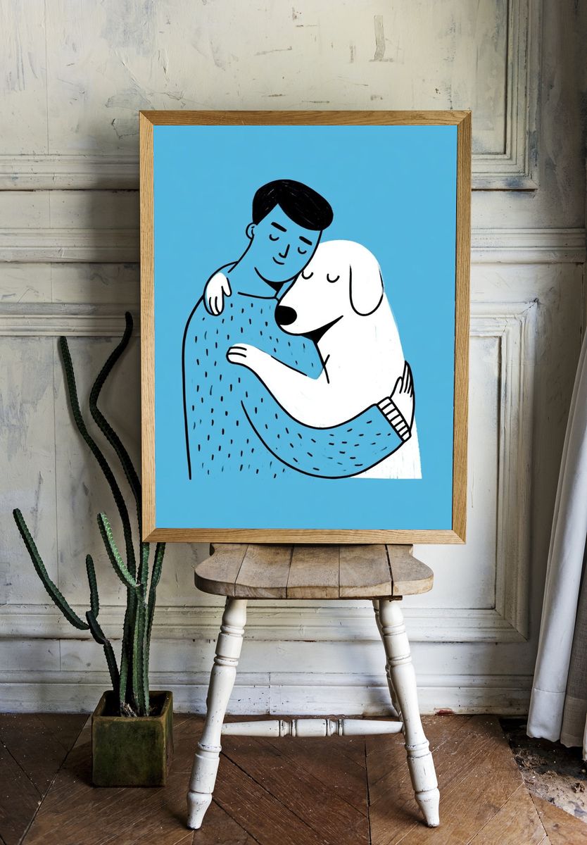 Man and Dog Hug Illustration Poster. room preview