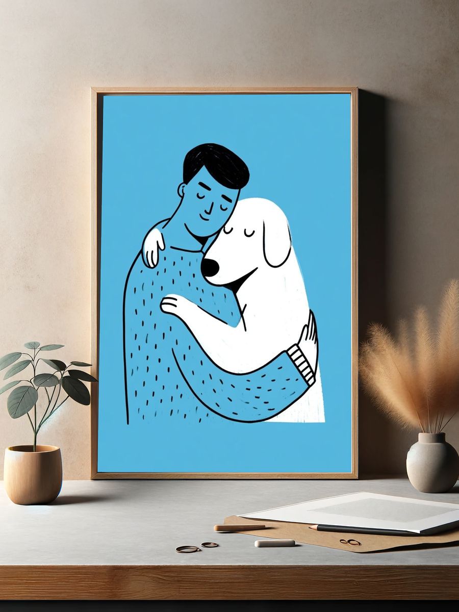 Man and Dog Hug Illustration Poster. — room view 2