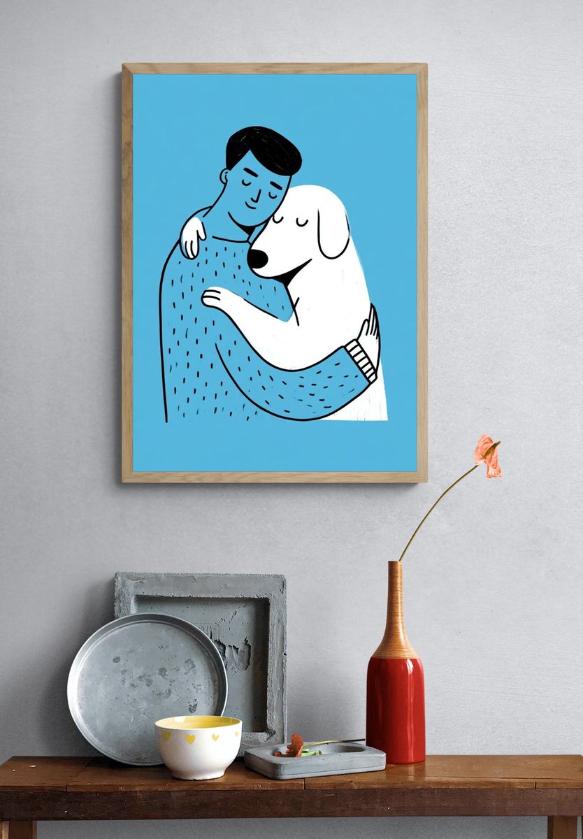 Man and Dog Hug Illustration Poster. — room view 3