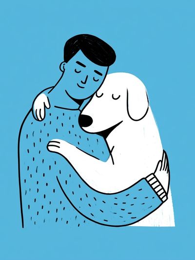 Man and Dog Hug Illustration Poster.