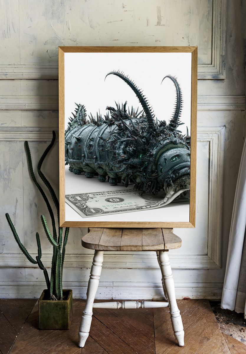 Surreal Money Caterpillar Print. room preview