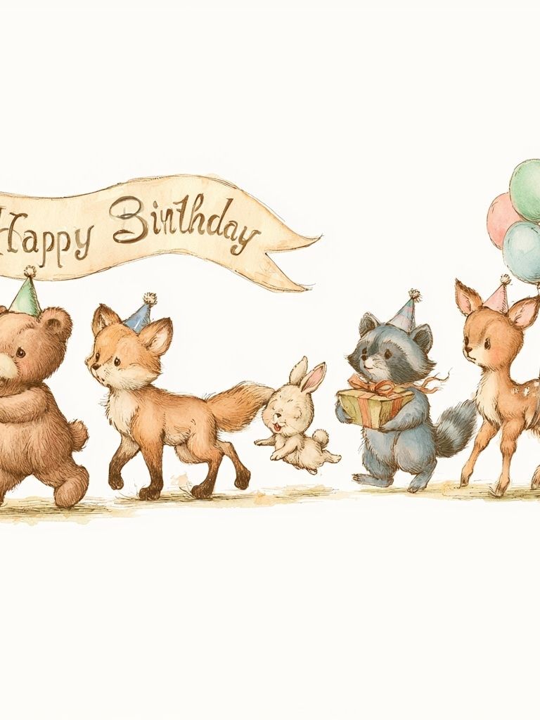 Happy Birthday Animals Illustration Poster. poster detail