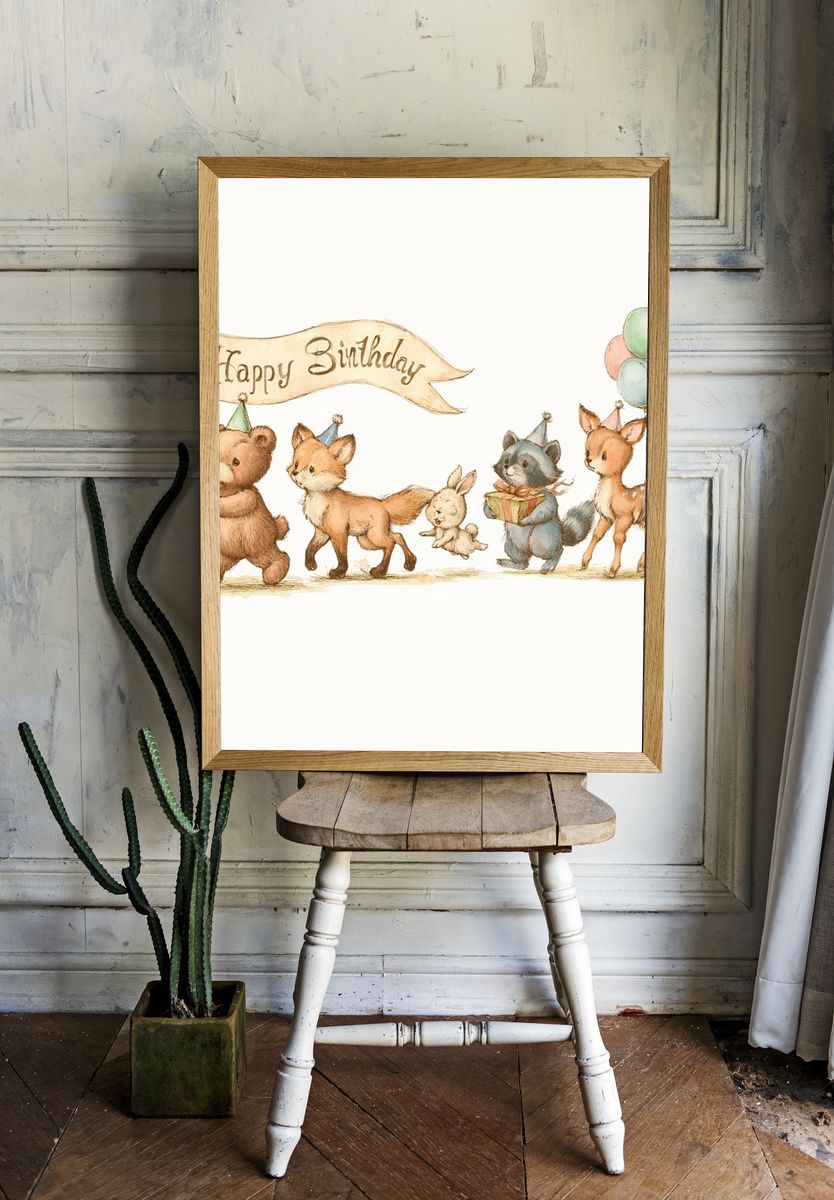 Happy Birthday Animals Illustration Poster. room preview