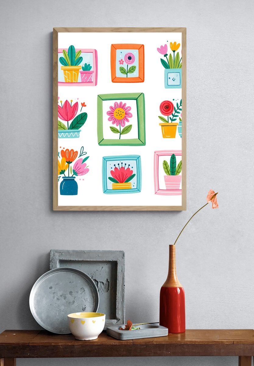 Colorful Floral Frames Illustration Poster. — room view 3
