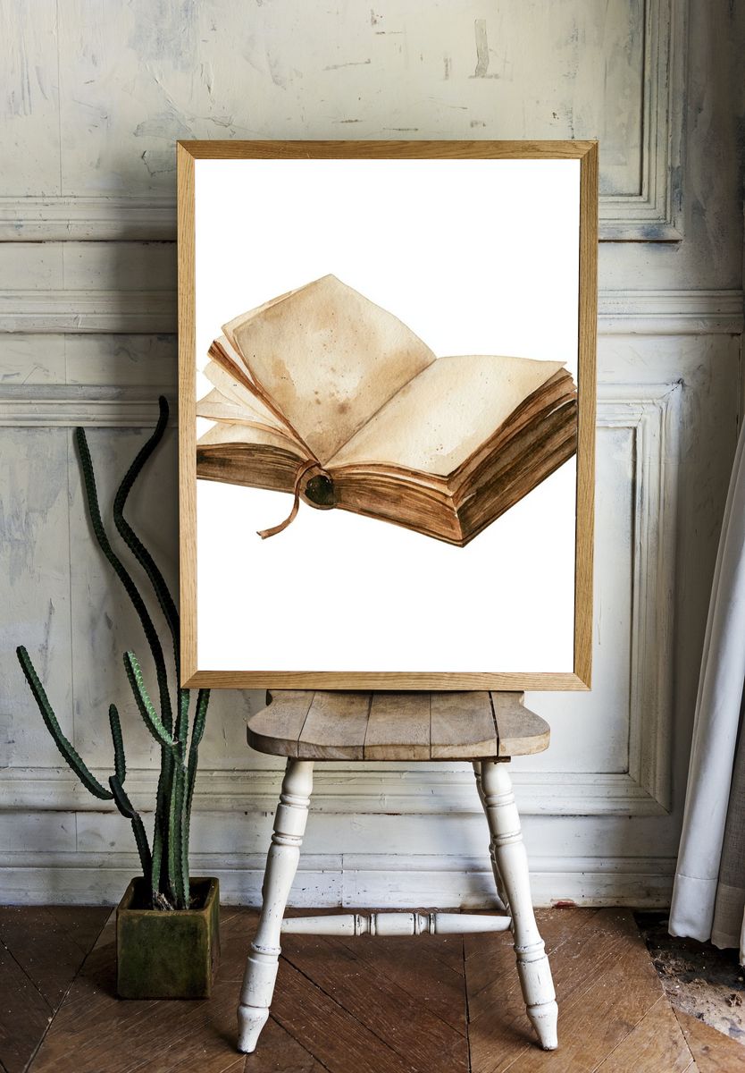 Open Antique Book Watercolor Print. room preview