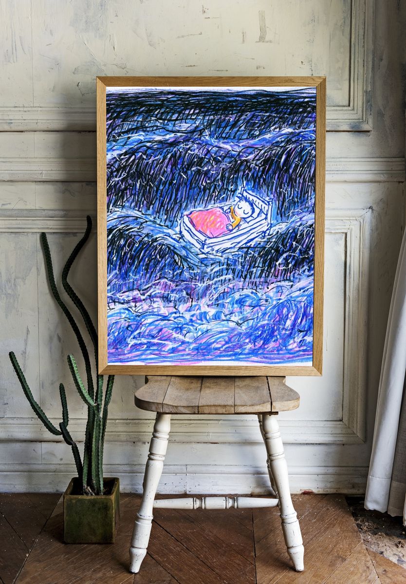 Sleeping Child in Waves Illustration Poster. room preview