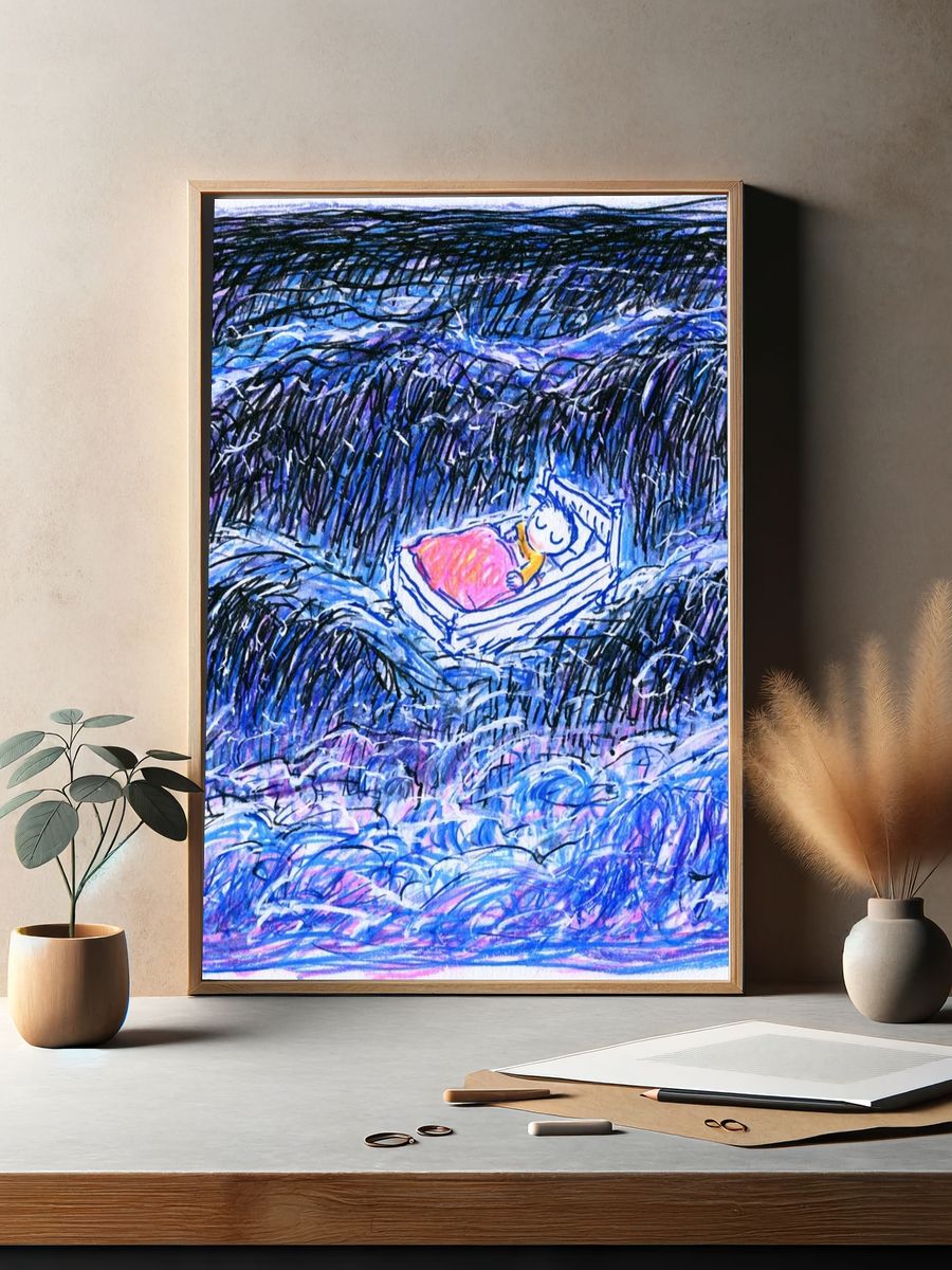 Sleeping Child in Waves Illustration Poster. — room view 2