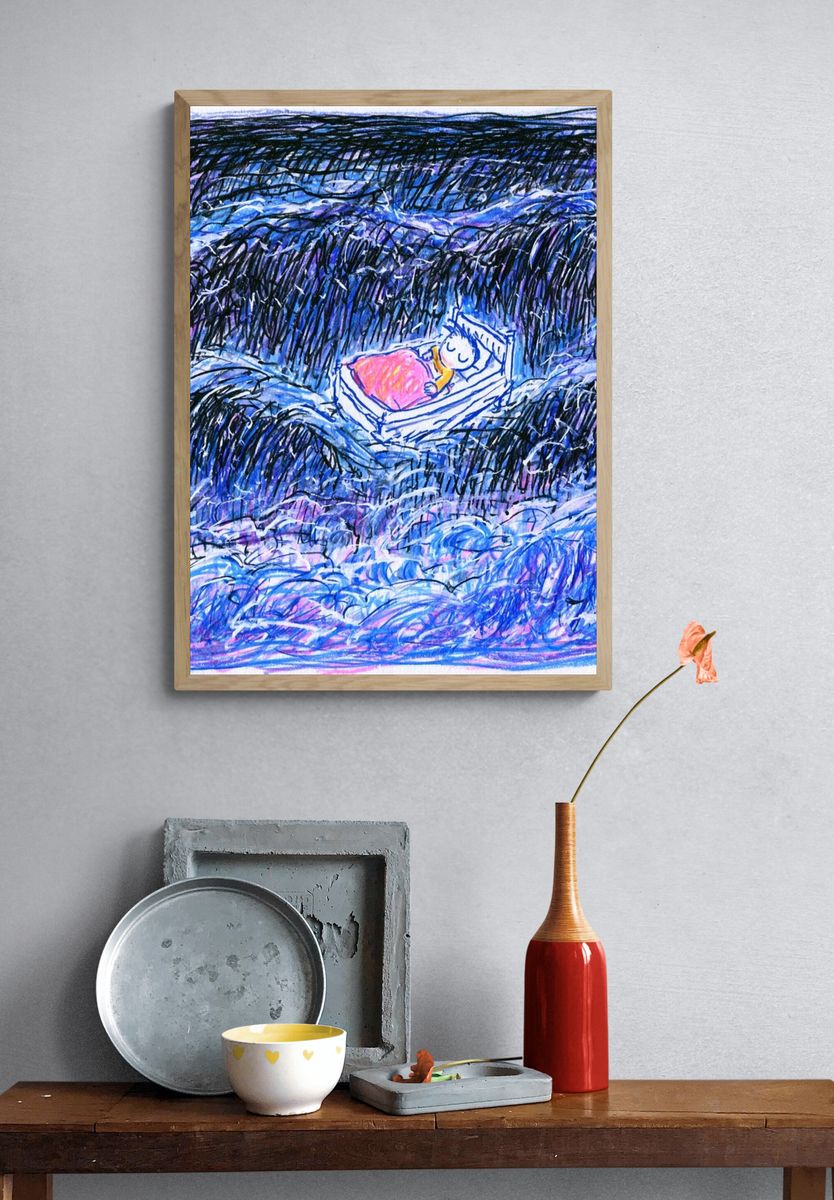 Sleeping Child in Waves Illustration Poster. — room view 3