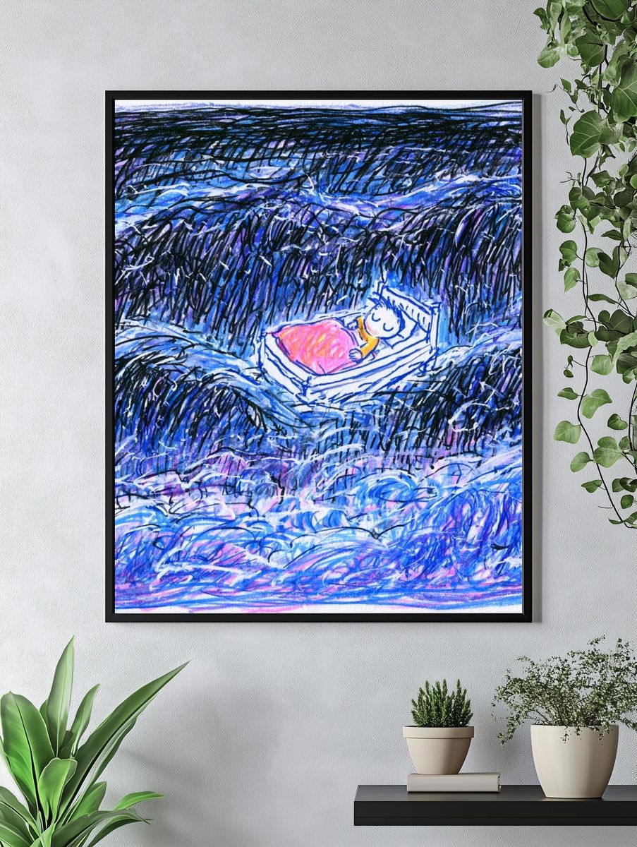 Sleeping Child in Waves Illustration Poster. — room view 4