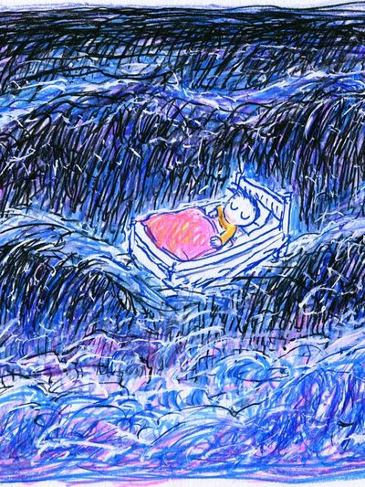 Sleeping Child in Waves Illustration Poster.