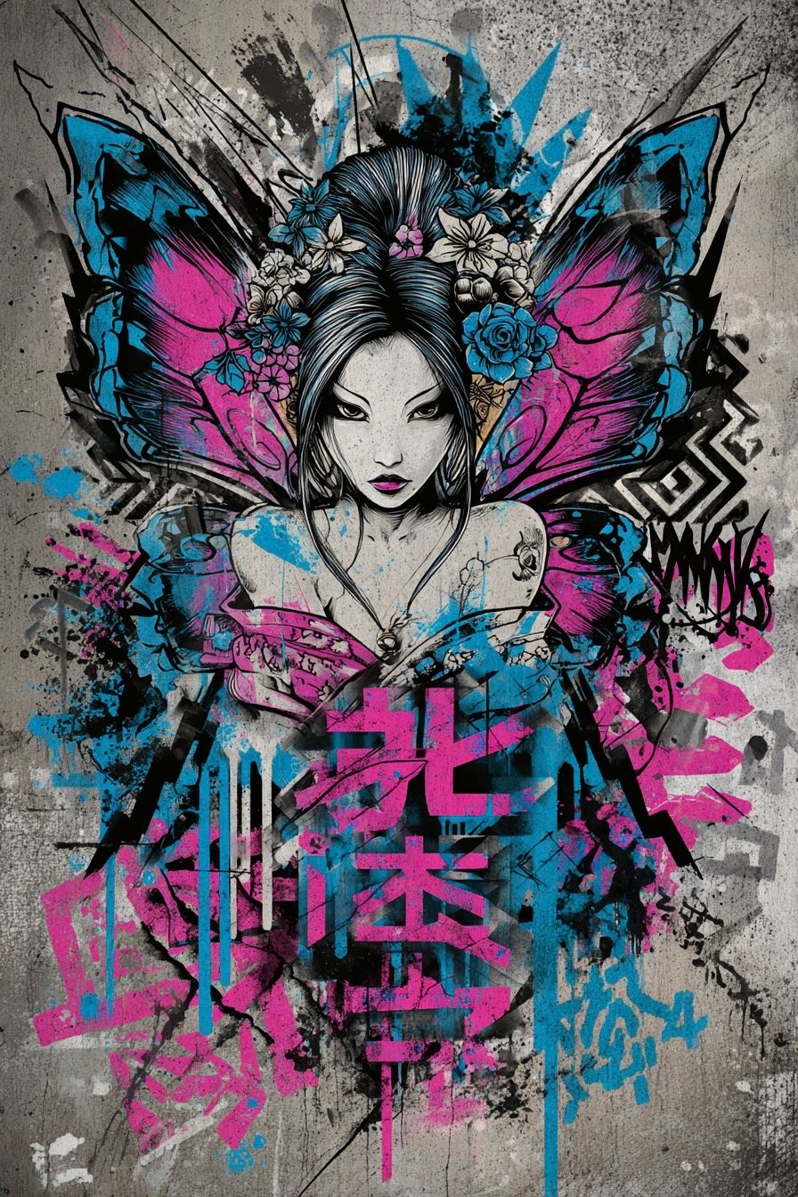 Butterfly Geisha Street-Art Poster. poster detail