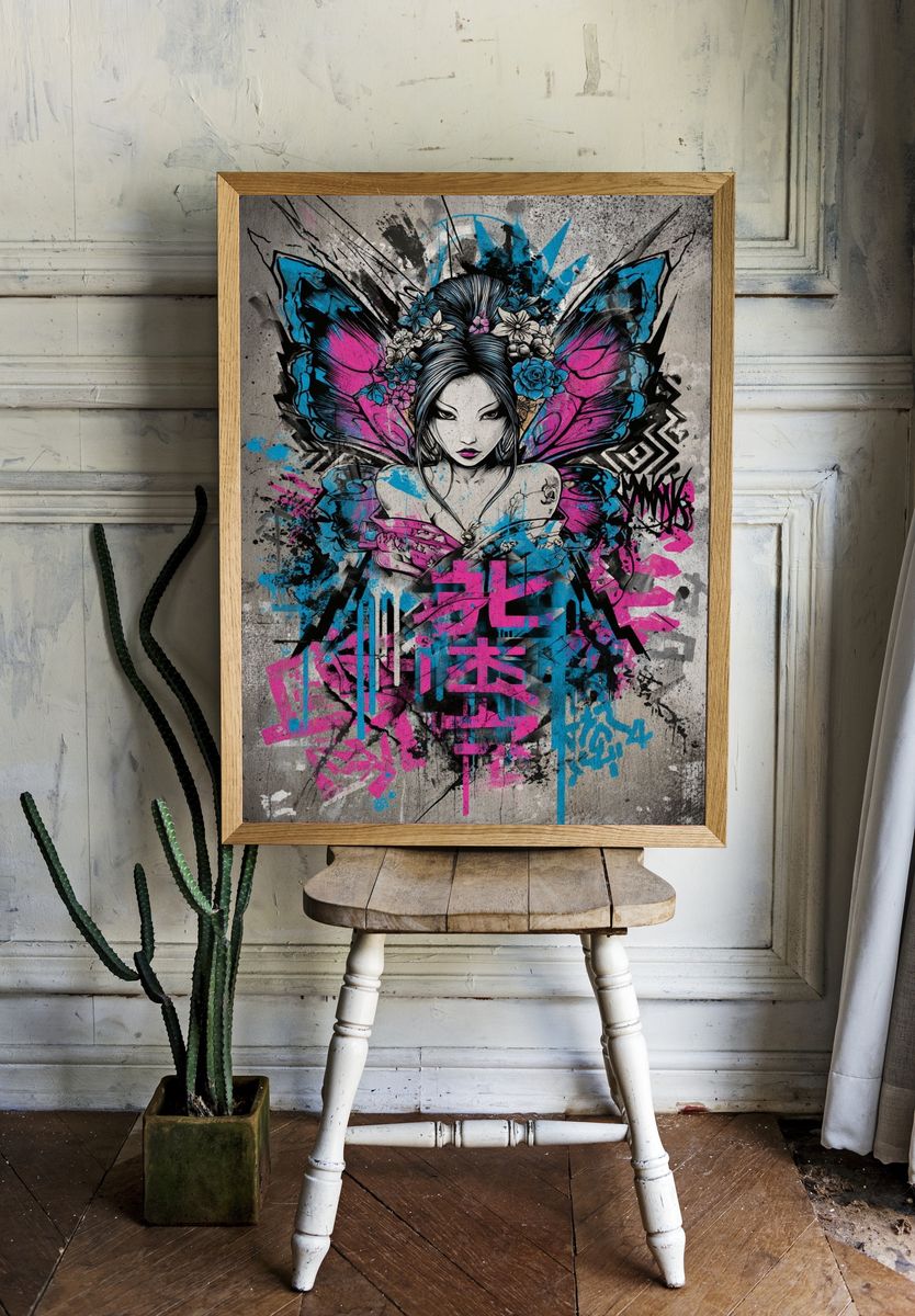 Butterfly Geisha Street-Art Poster. room preview