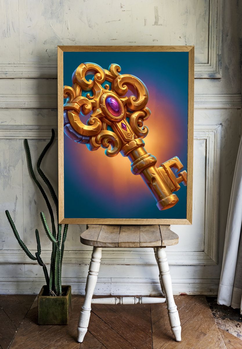 Golden Ornate Key Illustration Poster. — room view 1