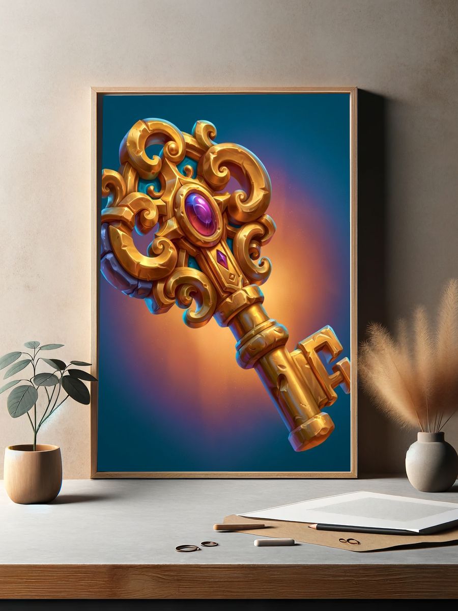 Golden Ornate Key Illustration Poster. — room view 2