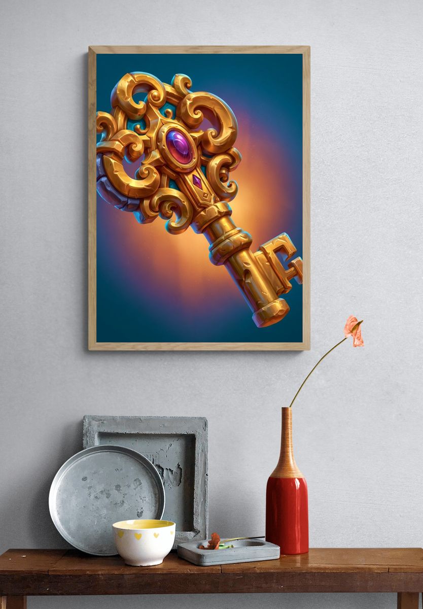 Golden Ornate Key Illustration Poster. — room view 3