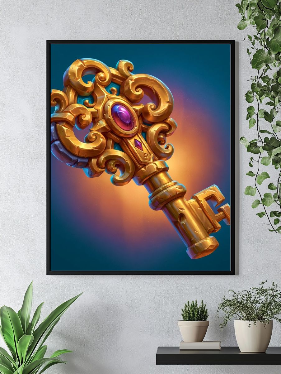 Golden Ornate Key Illustration Poster. — room view 4