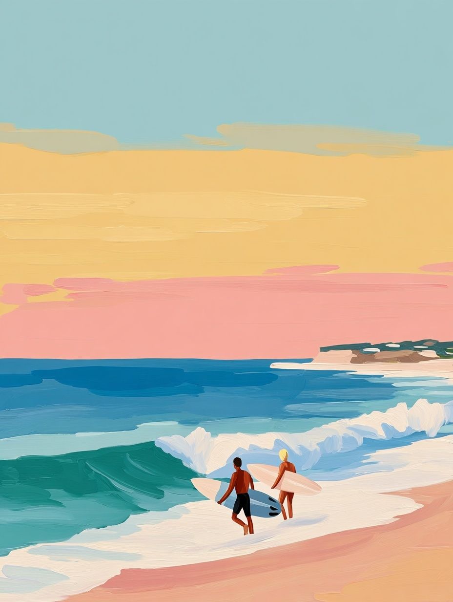 Pastel Surfers Beach Illustration Poster. poster — illustration art