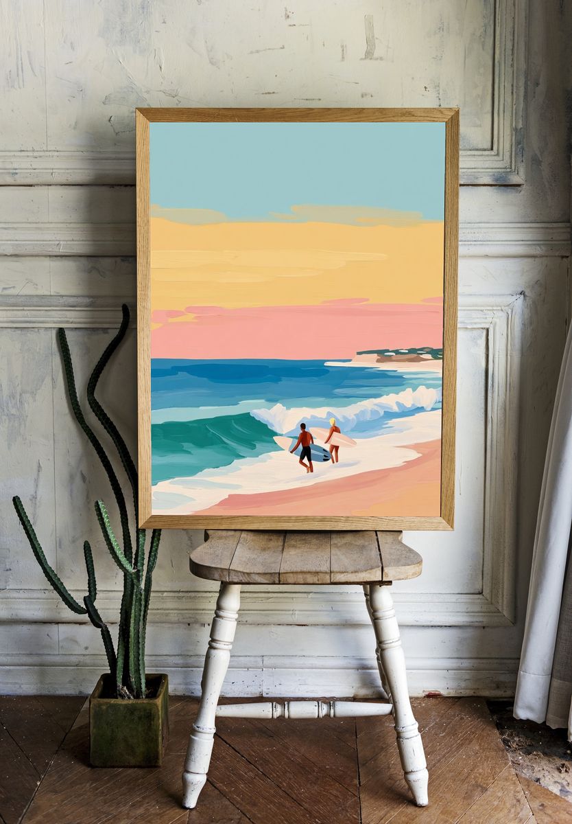 Pastel Surfers Beach Illustration Poster. — room view 1