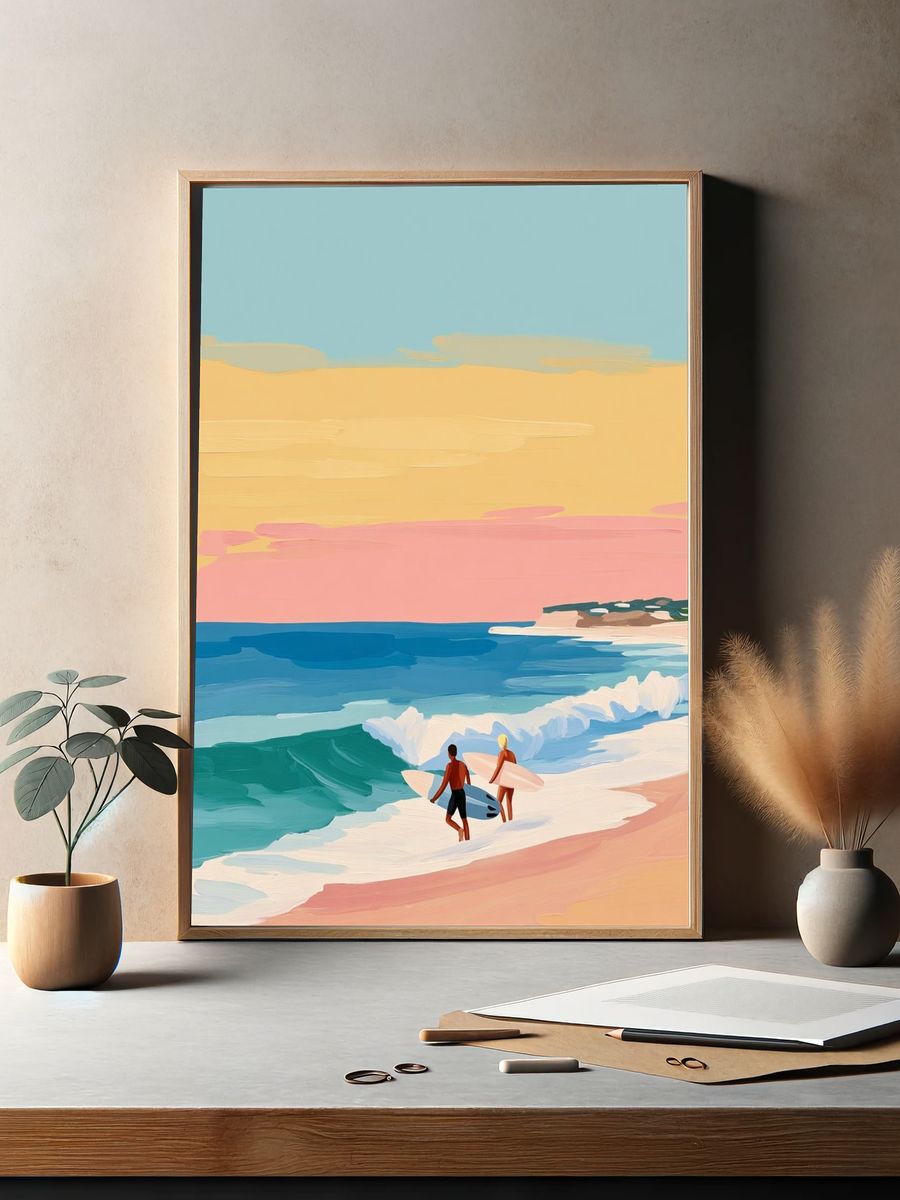 Pastel Surfers Beach Illustration Poster. — room view 2