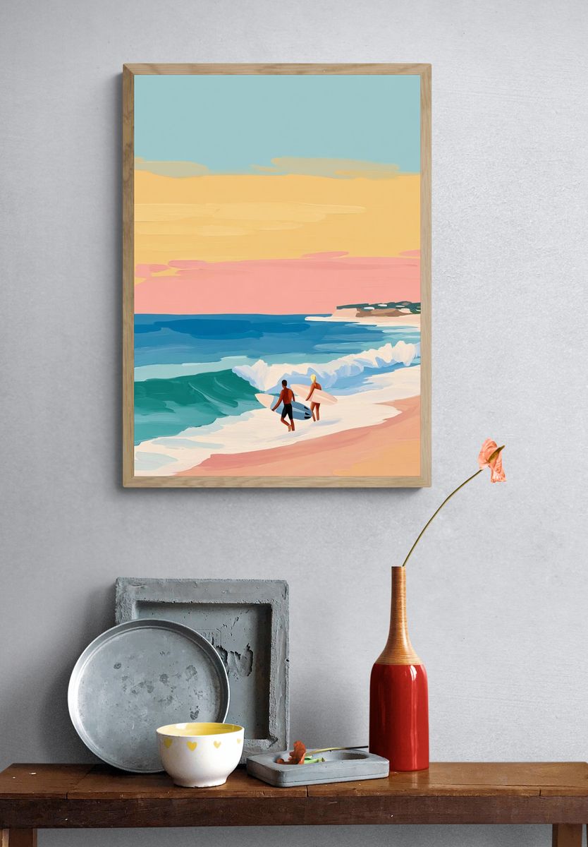 Pastel Surfers Beach Illustration Poster. — room view 3