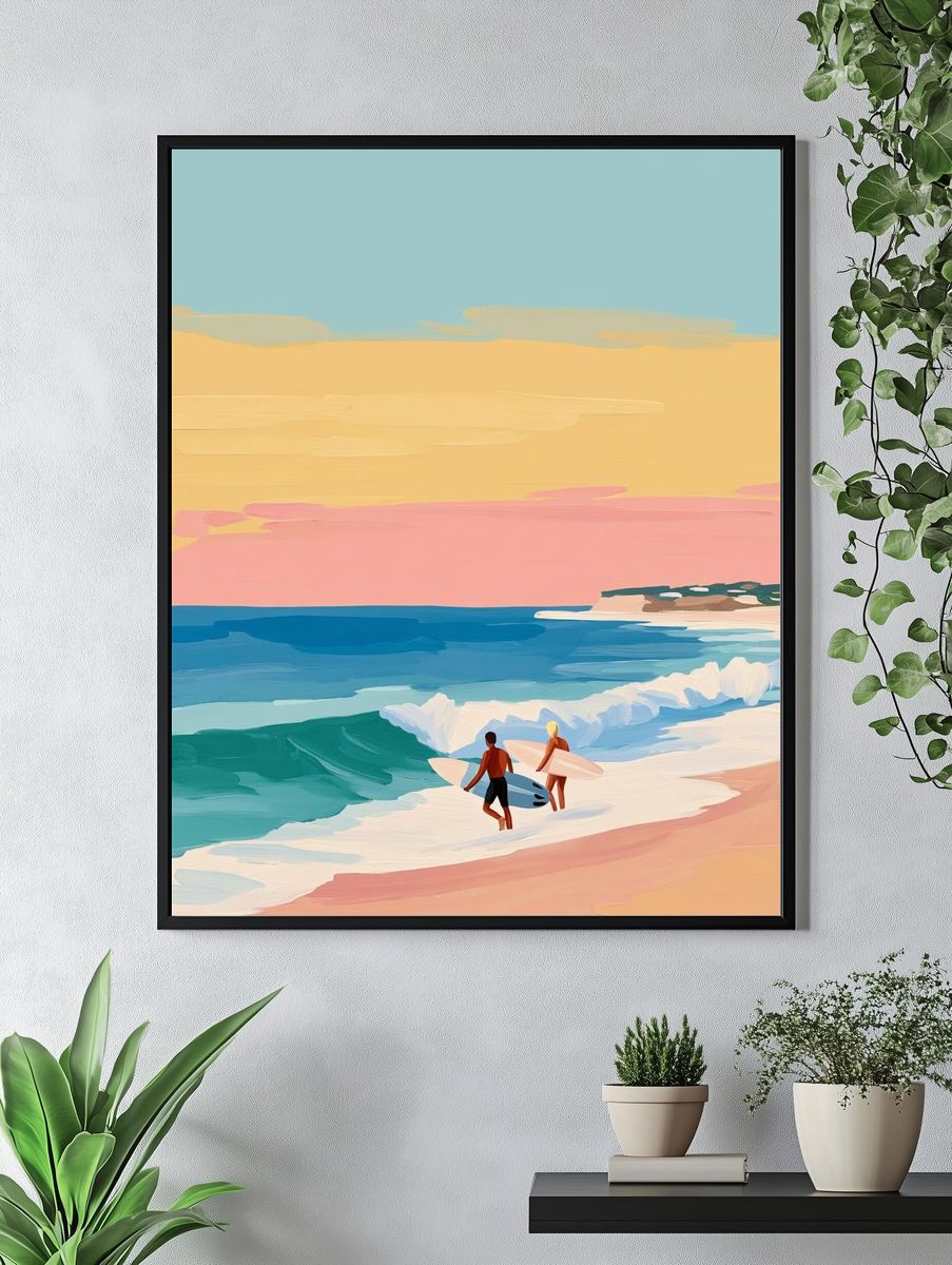 Pastel Surfers Beach Illustration Poster. — room view 4
