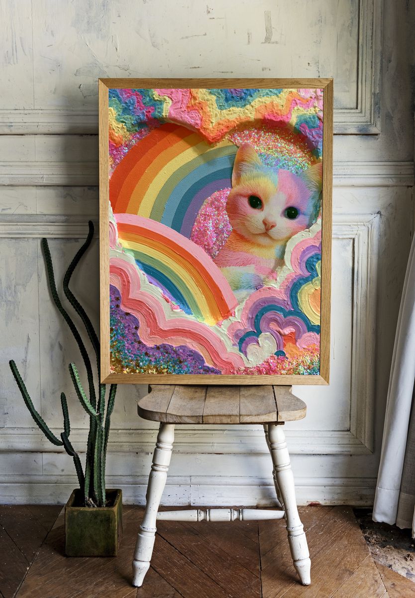 Rainbow Cat Dreamscape Illustration Poster. — room view 1