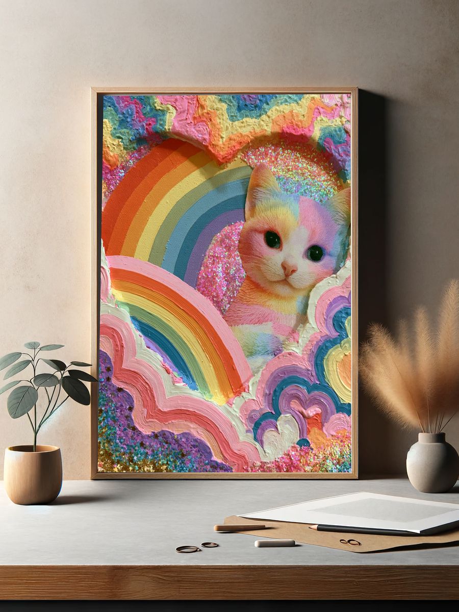 Rainbow Cat Dreamscape Illustration Poster. — room view 2
