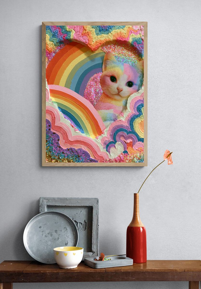 Rainbow Cat Dreamscape Illustration Poster. — room view 3