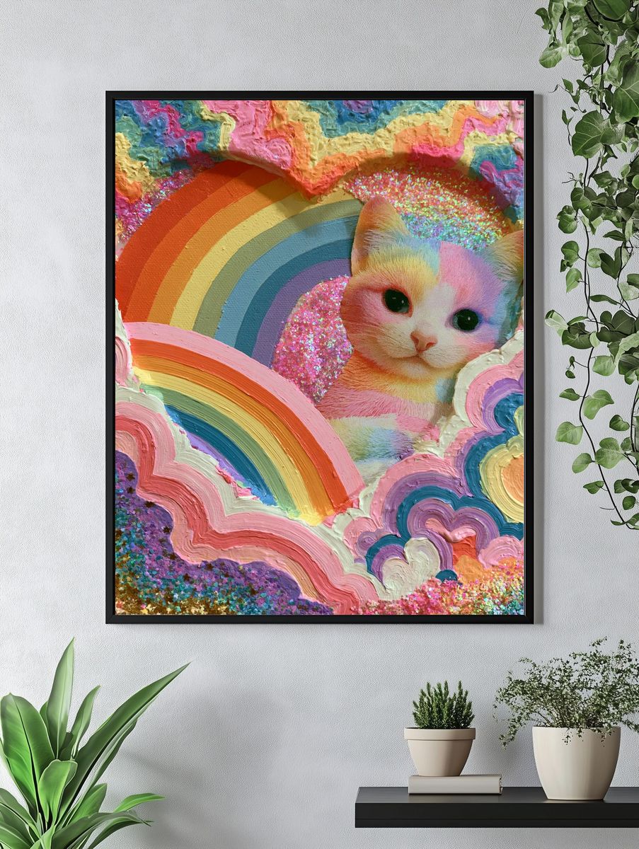 Rainbow Cat Dreamscape Illustration Poster. — room view 4