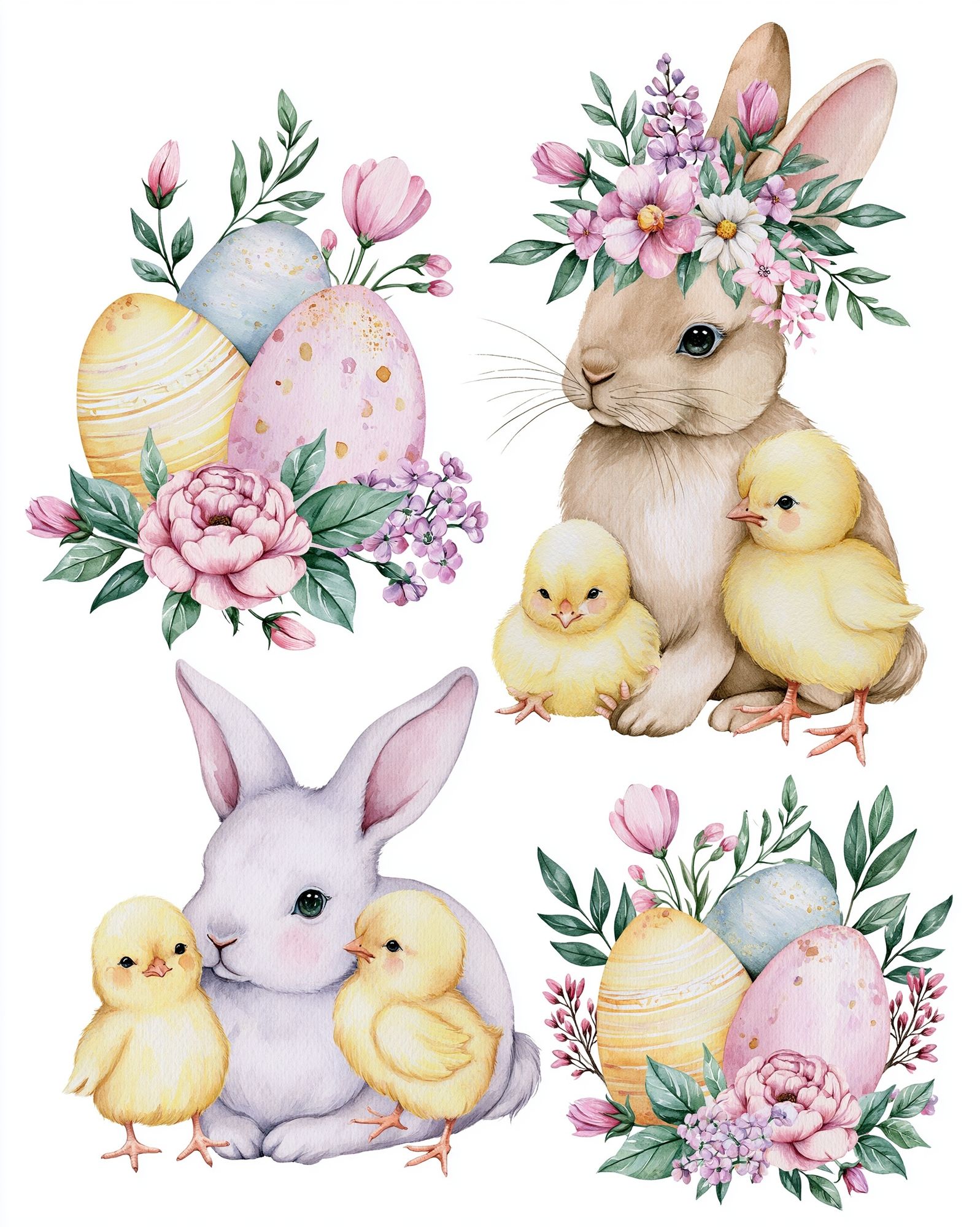 Easter Bunny and Chicks Watercolor Print. poster detail