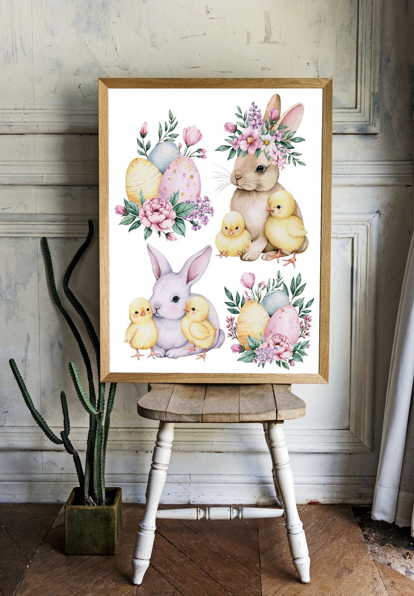 Easter Bunny and Chicks Watercolor Print. room preview