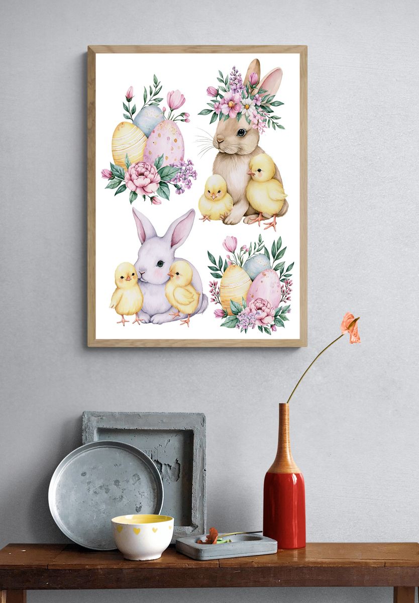 Easter Bunny and Chicks Watercolor Print. — room view 3