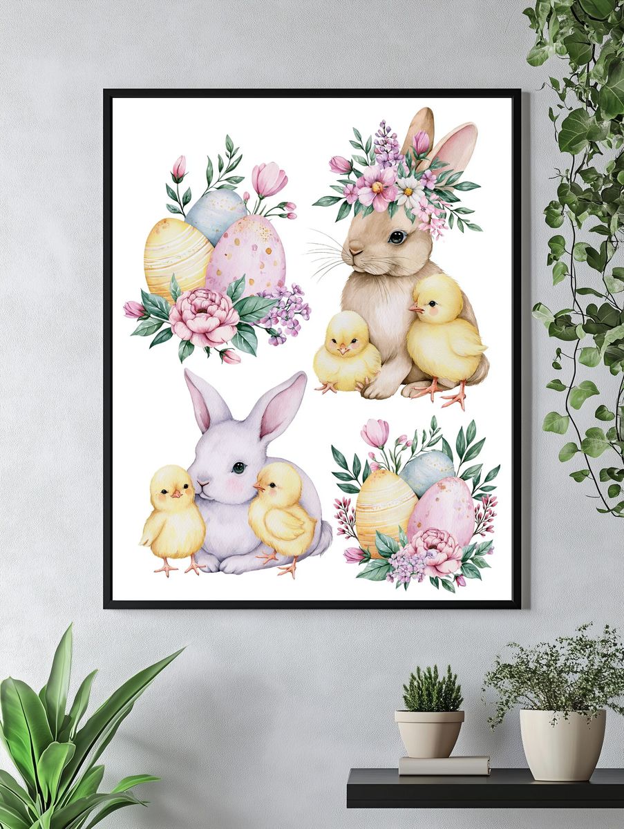 Easter Bunny and Chicks Watercolor Print. — room view 4
