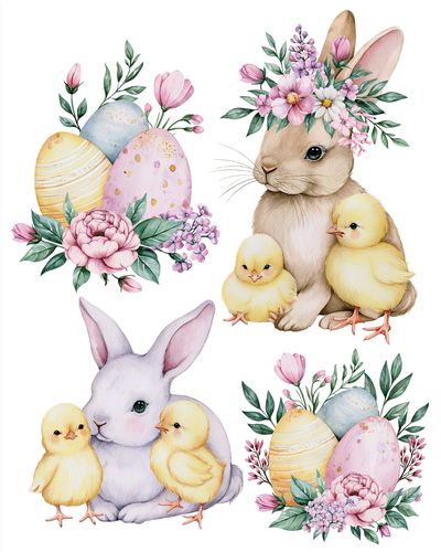 Easter Bunny and Chicks Watercolor Print.