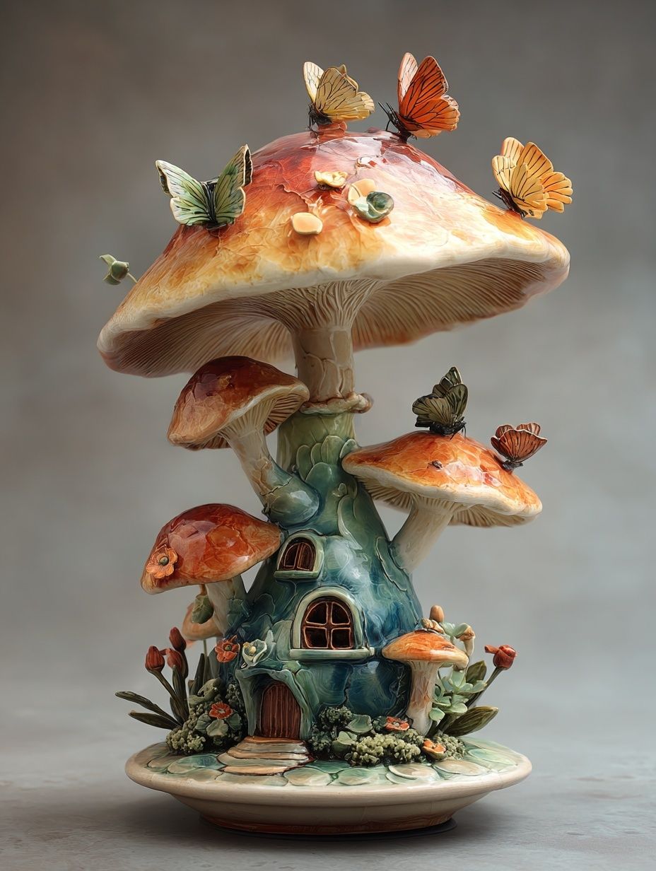Butterfly Mushroom House Illustration Poster. poster detail