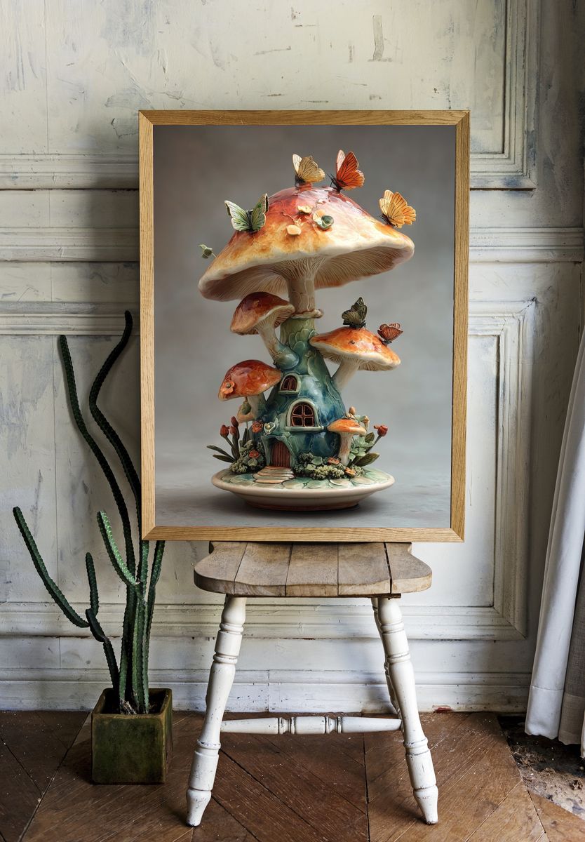 Butterfly Mushroom House Illustration Poster. — room view 1