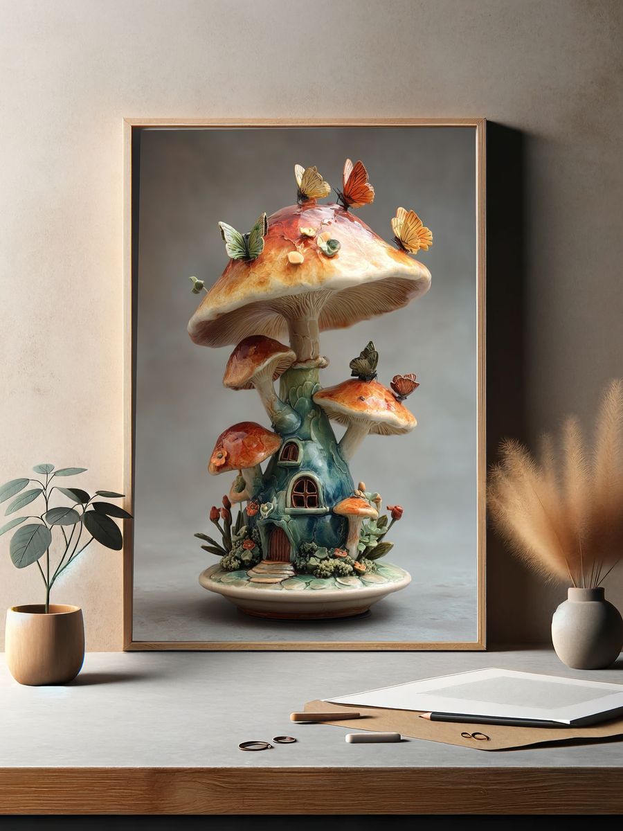 Butterfly Mushroom House Illustration Poster. — room view 2